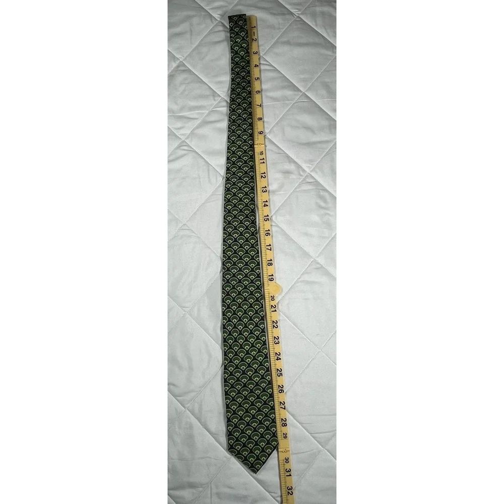 Josh Bach Silk Tie Navy Green Gold Geometric Fan Pattern Novelty